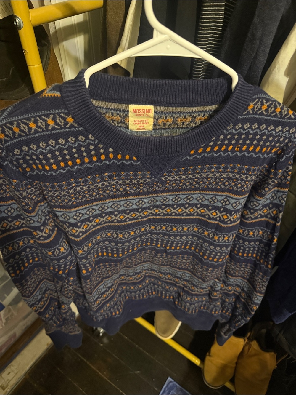 Mossimo Supply Co. Navy Blue & Orange Fair Isle Crewneck Sweater